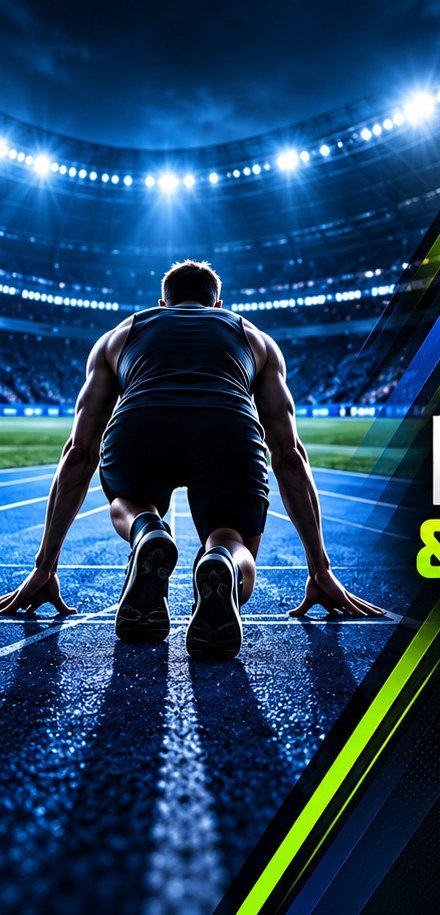 Sprinter im Startblock im beleuchteten Stadion