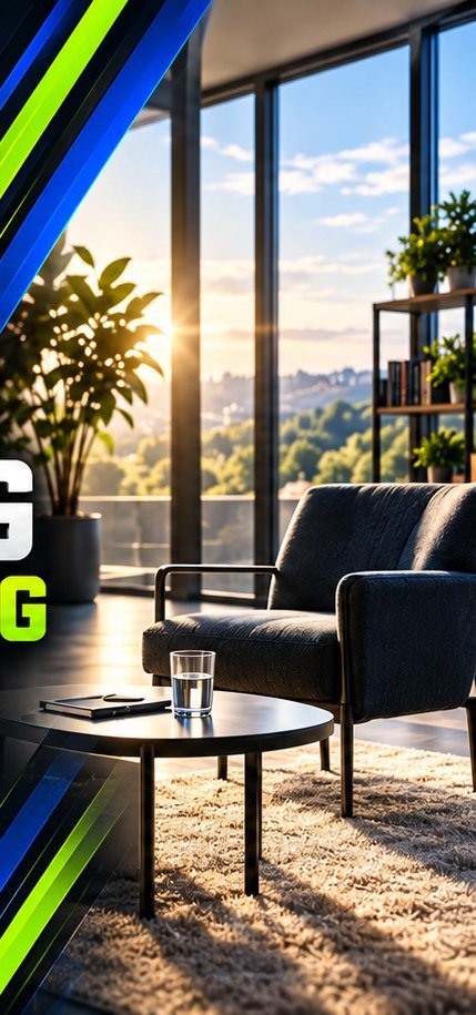 Ruhiger Raum mit Sessel und Blick ins Grüne